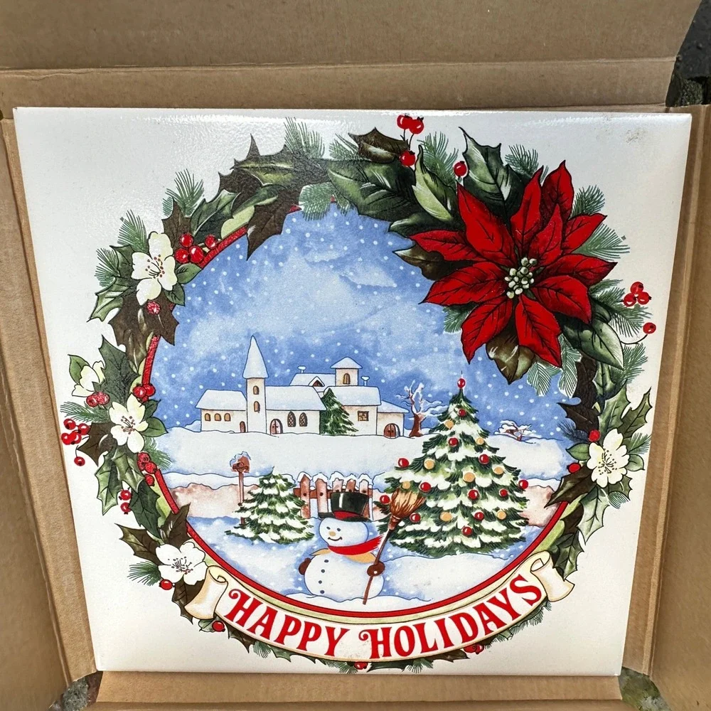 Christmas Tile Trivet Snowy Village Poinsettia Ceramic Cork Back Farmhouse Decor